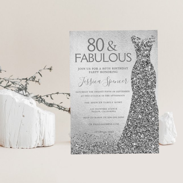 Invitación Purpurina plateado Vestido 80 y fabuloso cumpleaño (Subido por el creador)