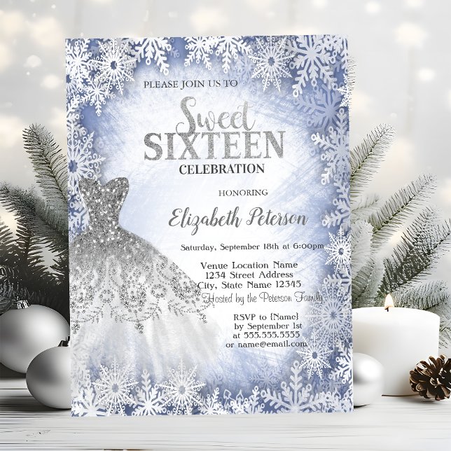 Invitación Purpurina plateado Vestido Blue Snowflakes Sweet 1 (Subido por el creador)