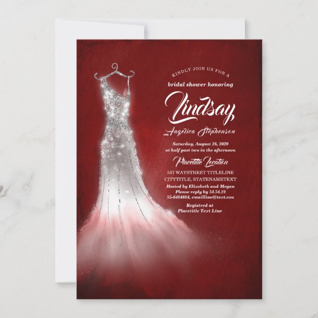 Invitación Purpurina plateado Vestido Borgoña ducha de novia  (Anverso)