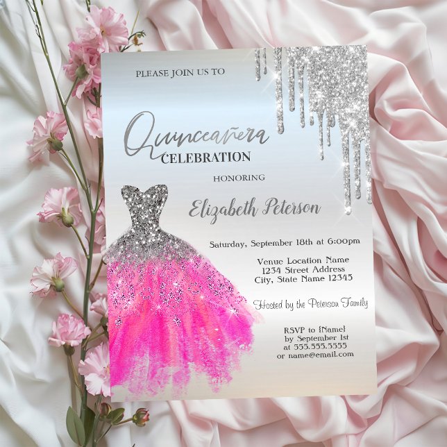 Invitación Purpurina Plateado, vestido de lujo Quinceanera (Subido por el creador)