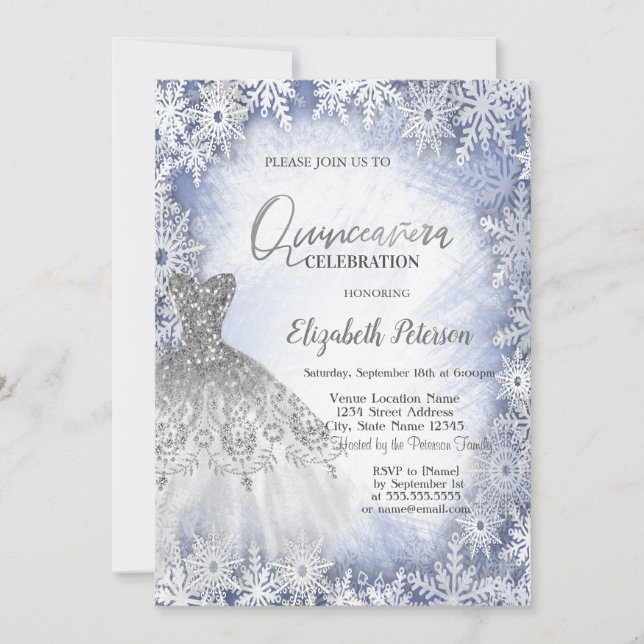 Invitación Purpurina plateado Vestido de Nieve Azul Quinceane (Anverso)
