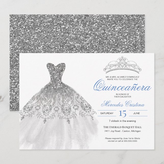 Invitación Purpurina plateado vestido elegante Quinceañera (Anverso / Reverso)