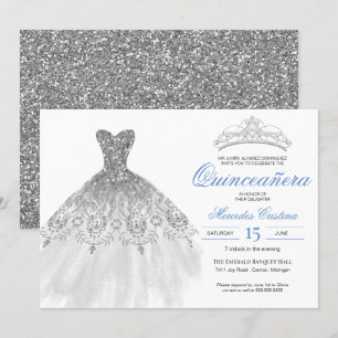 Invitación Purpurina plateado vestido elegante Quinceañera