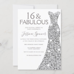 Invitación Purpurina plateado Vestido Fabulous Sweet 16 Fiest