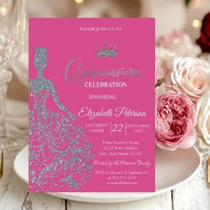 Invitación Purpurina plateado Vestido Moda Fuschia Quinceaner