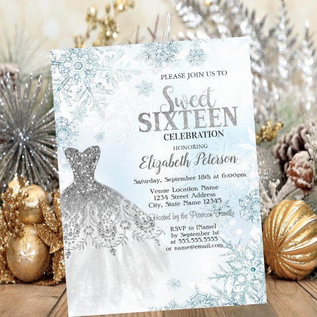 Invitación Purpurina plateado Vestido Snowflakes Dulce 16 Fie (Subido por el creador)