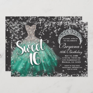 Invitación Purpurina Plateado Vestido Verde azulado Tiara Dul