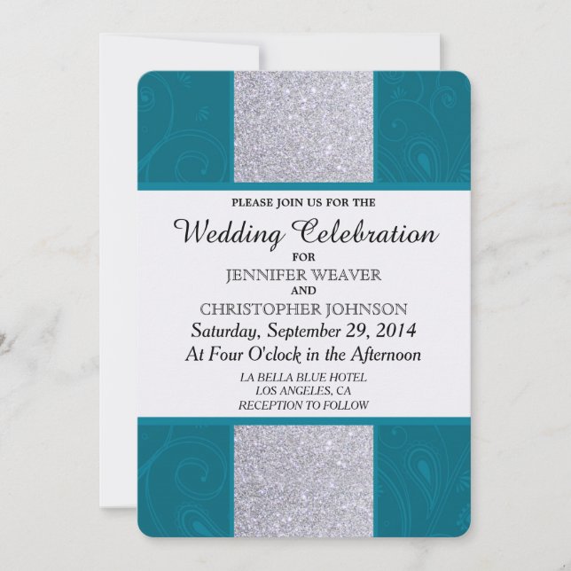 Invitación Purpurina plateado y Aqua Verde azulado con diseño (Anverso)