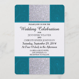 Invitación Purpurina plateado y Aqua Verde azulado con diseño
