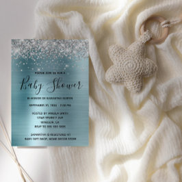 Invitación Purpurina plateado y Baby Shower de Relieve metali