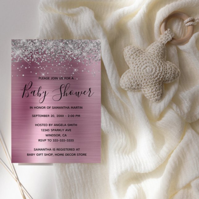 Invitación Purpurina plateado y Baby Shower de Relieve metali (Faux Silver Glitter and Pink Foil Baby Shower Invite)