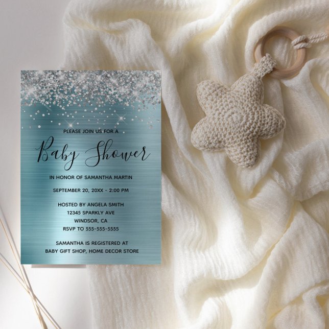 Invitación Purpurina plateado y Baby Shower de Relieve metali (Silver Glitter Light Blue Glam Baby Shower Invite)