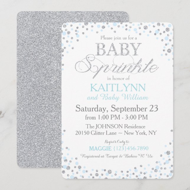 Invitación Purpurina plateado y Baby Shower de salpicadura az (Anverso / Reverso)