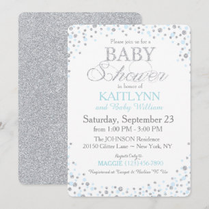 Invitación Purpurina plateado y Baby Shower de salpicadura az