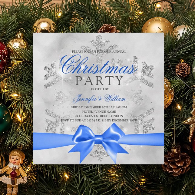 Invitación Purpurina plateado y cinta azul | Navidad (Subido por el creador)