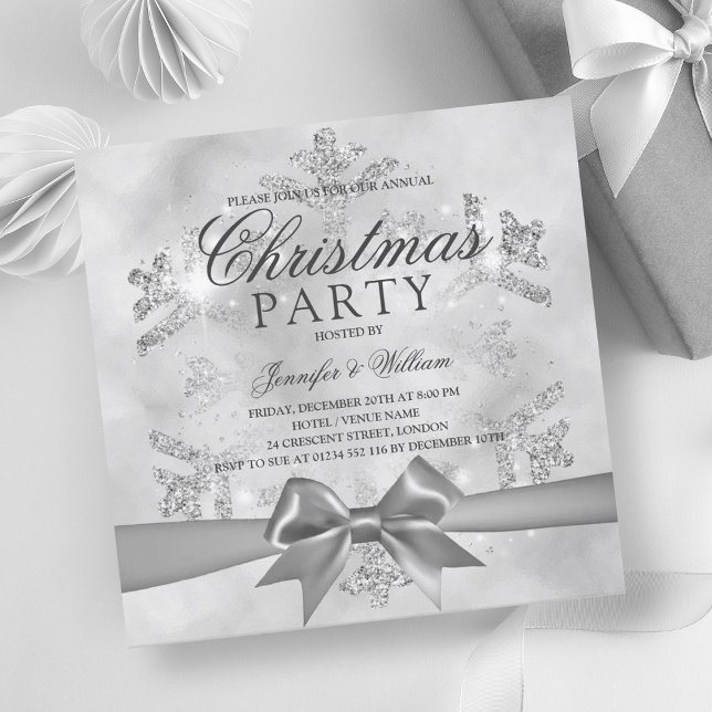 Invitación Purpurina plateado y cinta de opciones | Navidad (Silver Glitter & Ribbon | Xmas Holiday Invitation)