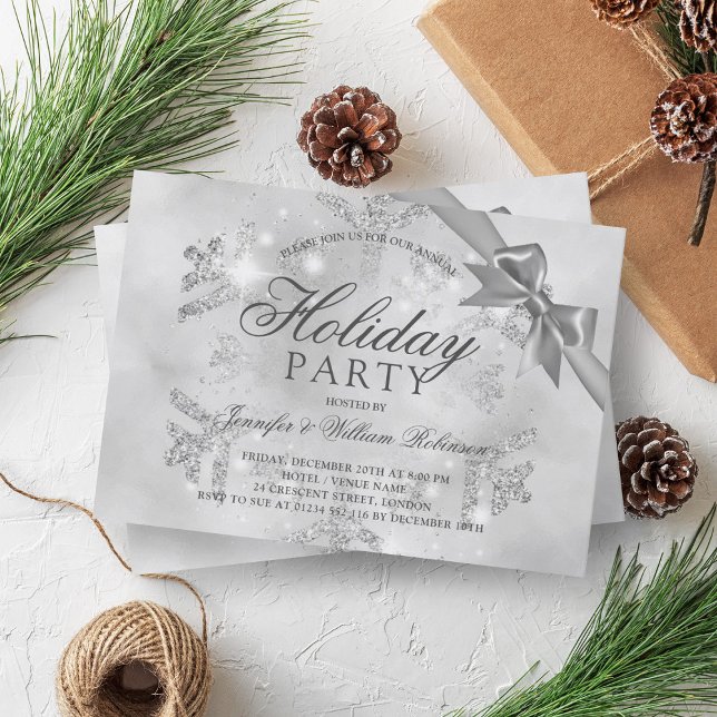 Invitación Purpurina plateado y cinta de opciones | Navidad (Silver Glitter & Ribbon | Xmas Holiday Invitation)
