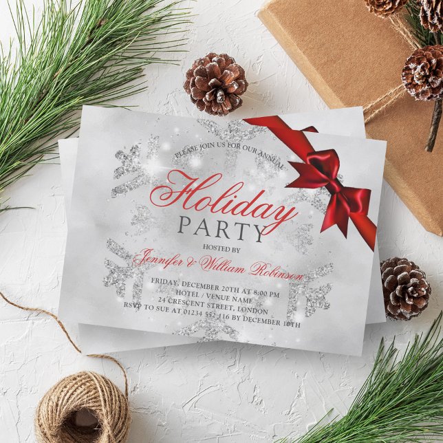 Invitación Purpurina plateado y cinta de opciones | Rojo navi (Silver Glitter & Ribbon | Xmas Holiday Red Invitation)