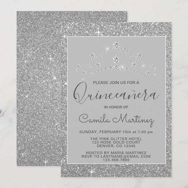 Invitación Purpurina plateado y esparkle Quinceanera (Anverso / Reverso)