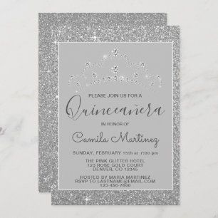 Invitación Purpurina plateado y esparkle Quinceanera