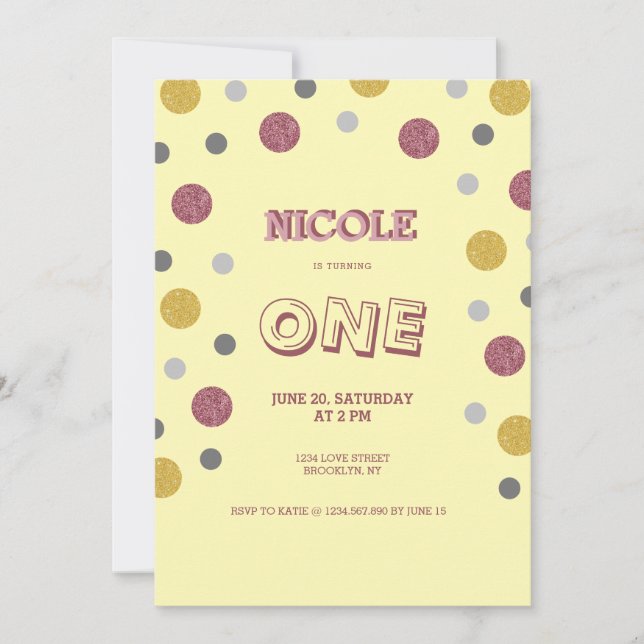 Invitación Purpurina Polka Dots 1er cumpleaños (Anverso)