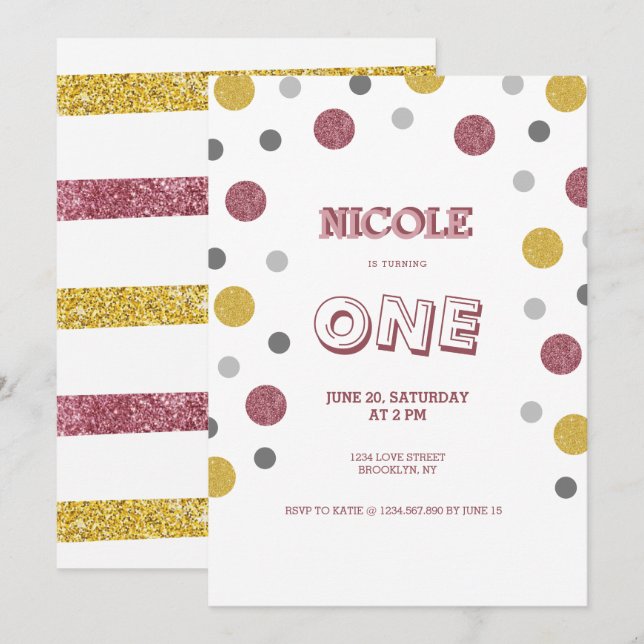 Invitación Purpurina Polka Dots 1er cumpleaños (Anverso / Reverso)