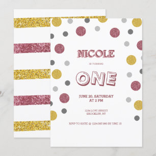 Invitación Purpurina Polka Dots 1er cumpleaños