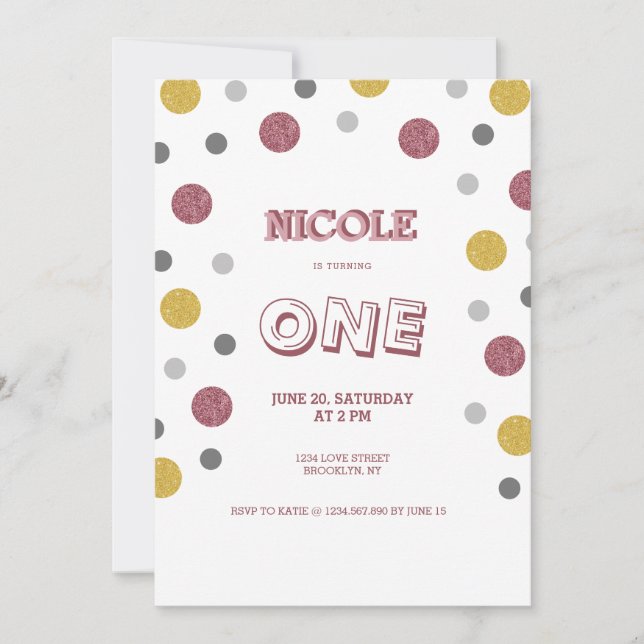 Invitación Purpurina Polka Dots 1er cumpleaños (Anverso)