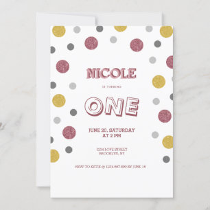 Invitación Purpurina Polka Dots 1er cumpleaños