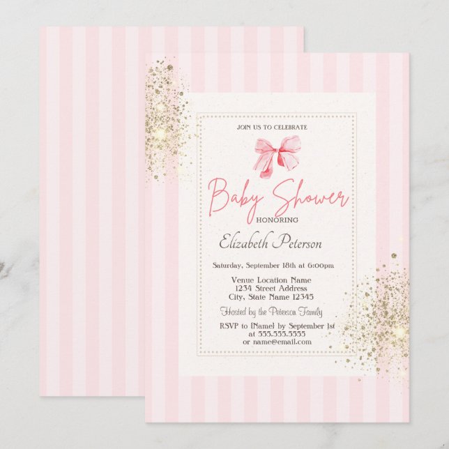Invitación Purpurina Polvo Rosado Bow Tirado Baby Shower (Anverso / Reverso)