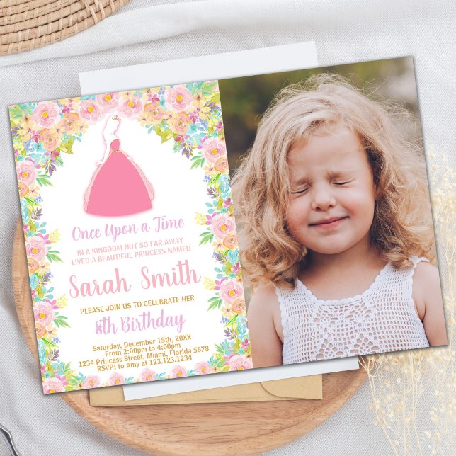 Invitación Purpurina Princesa Rosa (Photo Pink Princess Glitter Princess Birthday Invitation)