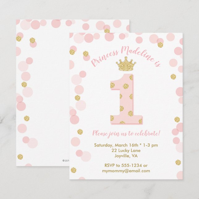 Invitación Purpurina Princesa Rosa Gold Primer cumpleaños (Anverso / Reverso)