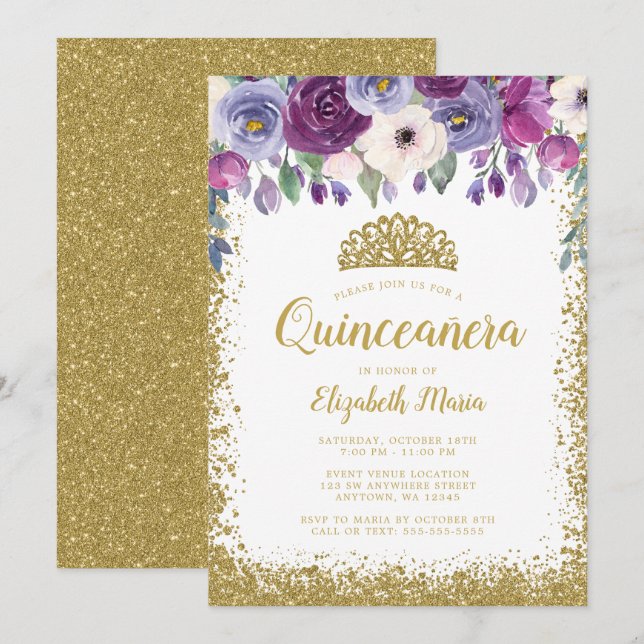 Invitación Purpurina Purple Floral Faux Gold Tiara Quinceaner (Anverso / Reverso)