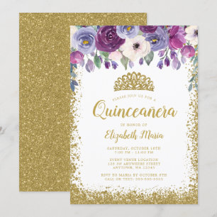 Invitación Purpurina Purple Floral Faux Gold Tiara Quinceaner