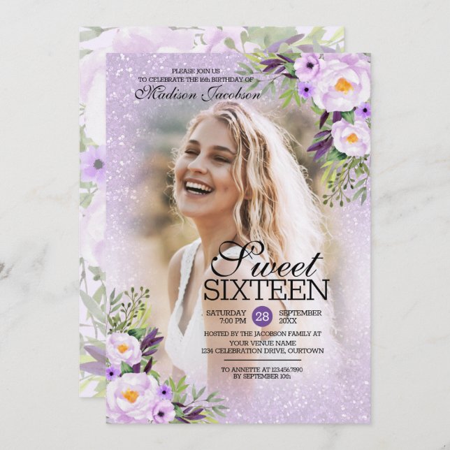 Invitación Purpurina Purple Floral Photo Template Sweet 16 (Anverso / Reverso)