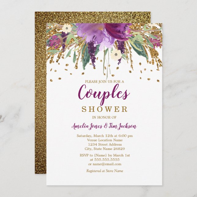 Invitación Purpurina Purple Floral Sparkling Parejas Ducha (Anverso / Reverso)