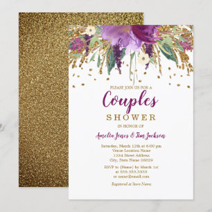 Invitación Purpurina Purple Floral Sparkling Parejas Ducha