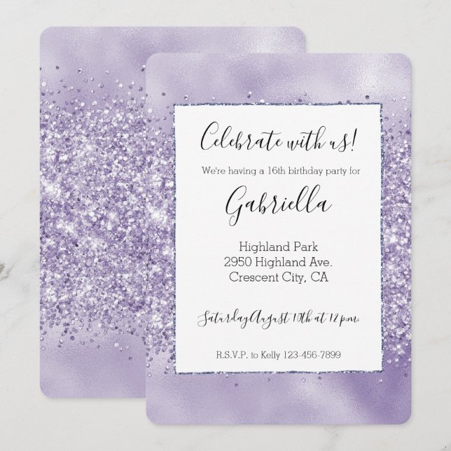 Invitación Purpurina Purple Glitzy (Anverso / Reverso)