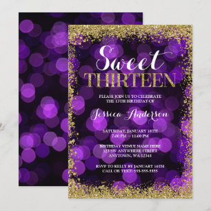 Invitación Purpurina Purple Gold Faux Lights Sweet 13 Cumplea