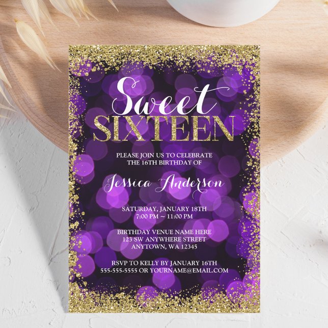 Invitación Purpurina Purple Gold Faux Luces Dulce 16 Cumpleañ (Subido por el creador)