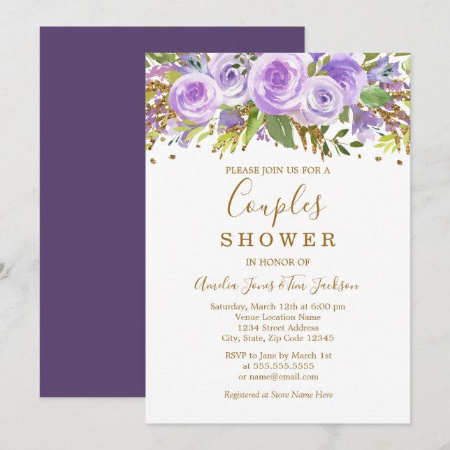 Invitación Purpurina Purple Gold Rosa Floral Ducha Parejas (Anverso / Reverso)