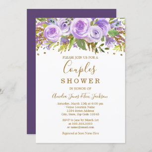 Invitación Purpurina Purple Gold Rosa Floral Ducha Parejas