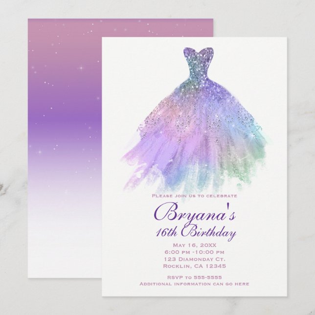 Invitación Purpurina Purple Pastel Glam Vestido Dulce 16 Fies (Anverso / Reverso)