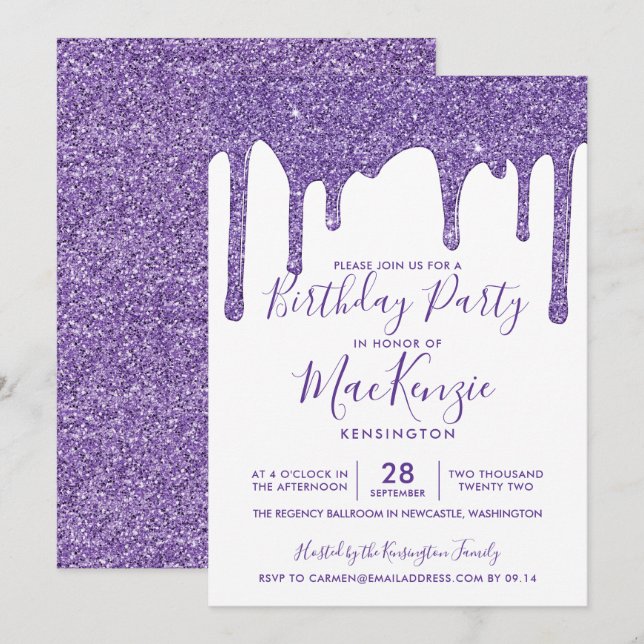 Invitación Purpurina Purple Sparkle Drin a cualquier año Cump (Anverso / Reverso)