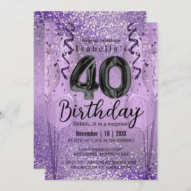Invitación Purpurina púrpura 40 cumpleaños (Anverso / Reverso)