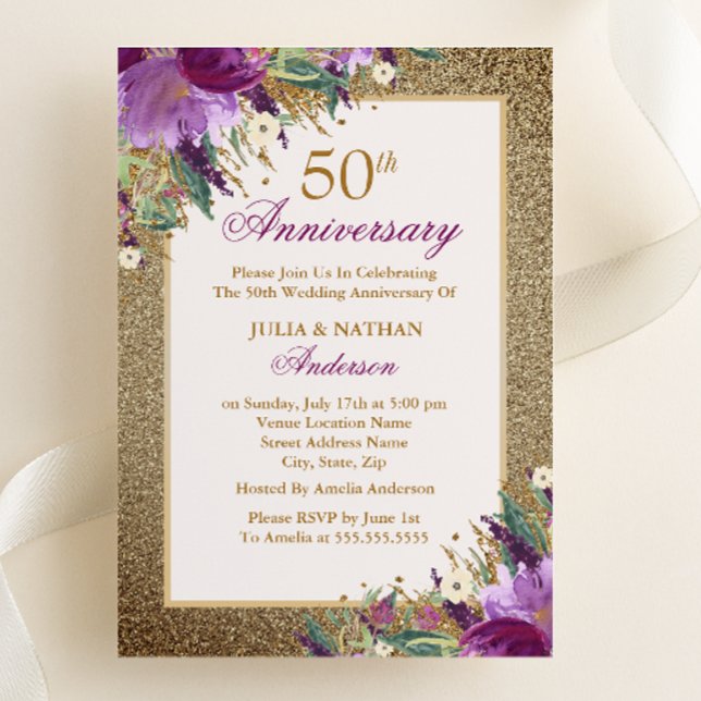 Invitación Purpurina púrpura Amethyst Floral 50º aniversario (Subido por el creador)