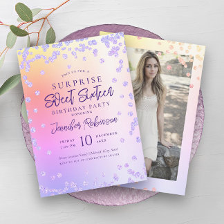 Invitación Purpurina púrpura arcoiris foto SORPRESA dulce 16