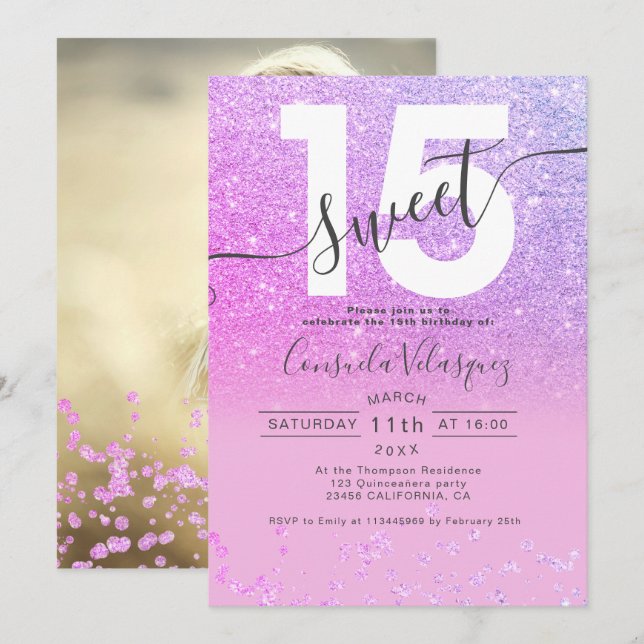 Invitación Purpurina púrpura confetti rosa Quinceanera foto (Anverso / Reverso)