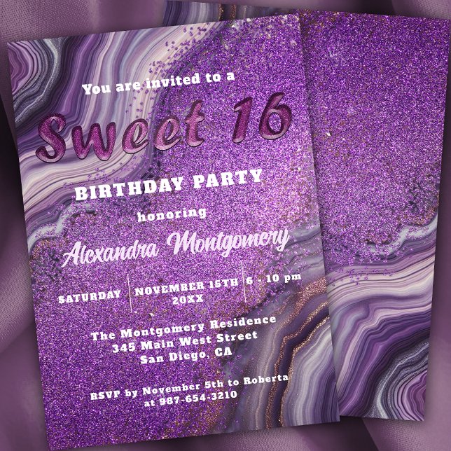 Invitación Purpurina púrpura de lujo Agate Marble Sweet 16 (Subido por el creador)