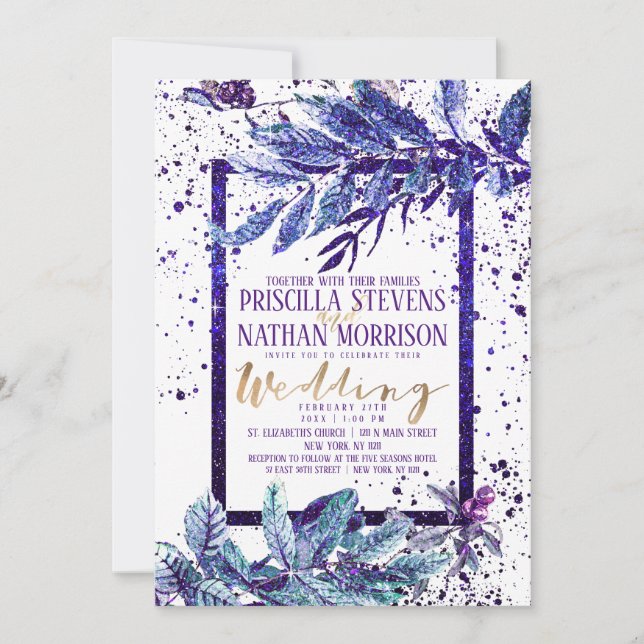Invitación Purpurina púrpura de moda Foliage Splatter Boda (Anverso)
